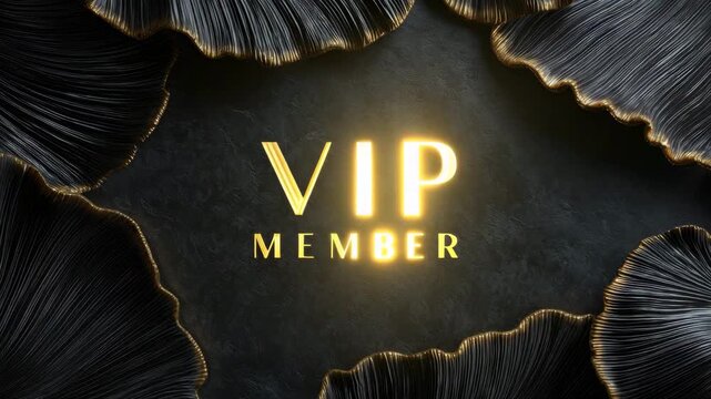 golden vip member glowing text on dark background illustrated animation