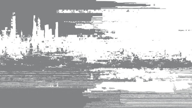 Glitchy cityscape with distorted buildings and water reflection in grayscale tone