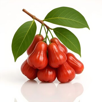 Cluster of fresh red rose apple wax jambu fruits with green leaves isolated on white background, crisp juicy exotic tropical bell fruit, reflection studio shot