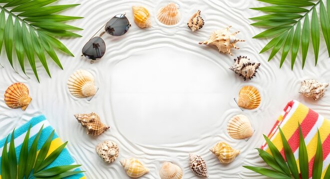 Tropical Seashell Frame on White Sand Summer Background