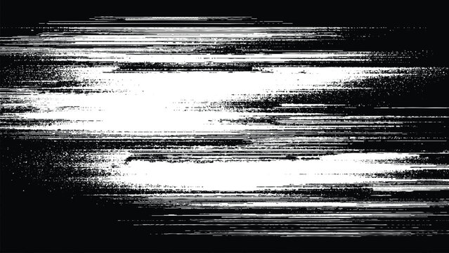 Glitchy white and black digital noise pattern with horizontal lines and distorted pixels