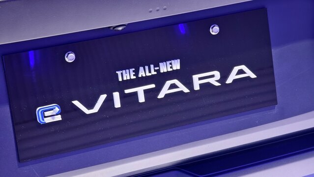 Pasay, Metro Manila, Philippines - June 6, 2026: Suzuki e Vitara electric SUV model display plate exhibited at the Philippine International Motor Show.