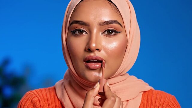Beautiful young Muslim woman applying liquid lip gloss with a cosmetic applicator for a perfect and radiant lip makeup look. Demonstrates self-care, beauty, and confidence with modern products.