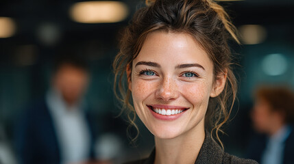 Fototapeta premium Portrait of smiling young businesswoman with curly hair in modern office environment