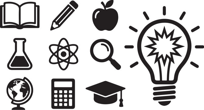 Education icons, school symbols, learning graphics, black vector set