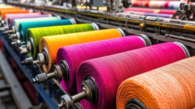 Close up of colorful yarn on textile dyeing machine in factory