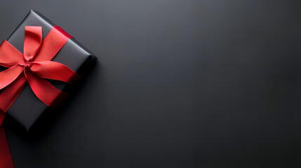 Obraz premium Minimalist black gift box with a vibrant red ribbon bow on a dark matte background with copy space