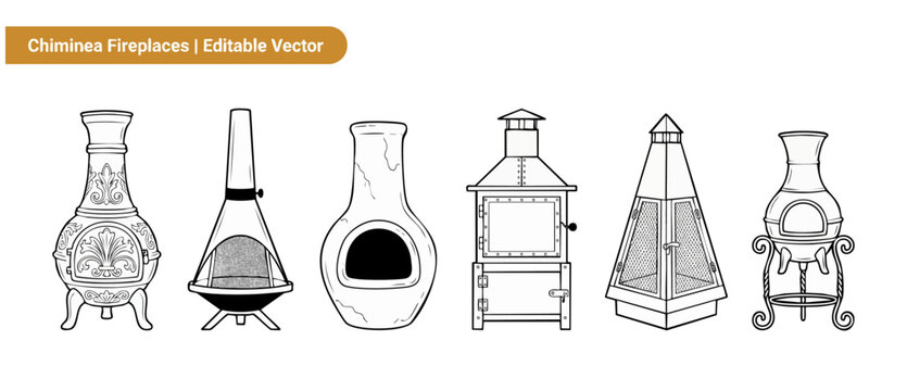 Chiminea fireplace vector outline set of traditional clay pot and modern metal wood burning stoves for outdoor patio heating backyard cozy garden decoration minimalist design black line art images pac