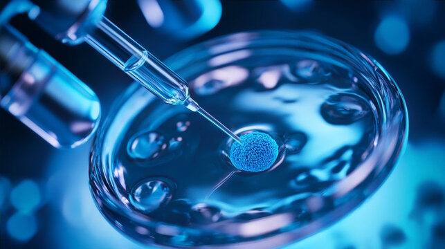 Macro view of microscopic needle injecting fluid into a biological cell in a petri dish.