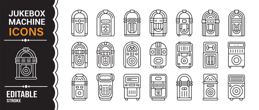 Retro jukebox and audio entertainment line icons pack with music symbols editable vector design