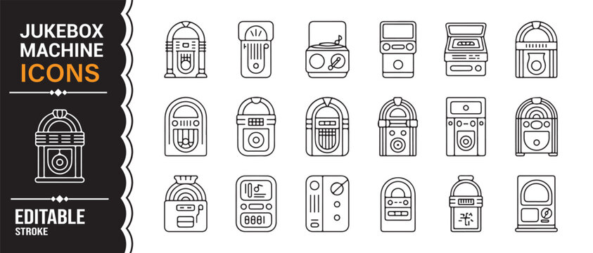 Editable jukebox machine outline icon set with vintage music player symbols vector collection