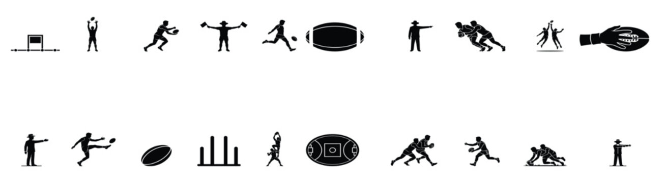 Australian Rules Football Player and Equipment Silhouette Icon Collection Vector Set