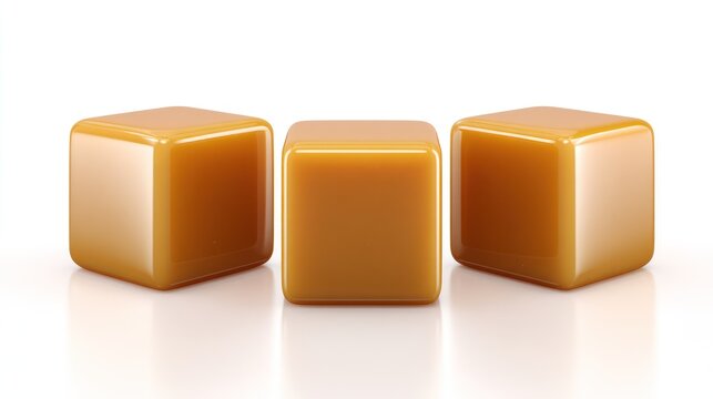 Three glossy, golden brown chewy candies sit in a row on a bright white surface.