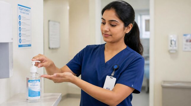 Female nurse using hand sanitizer in a pump bottle at the hospital.