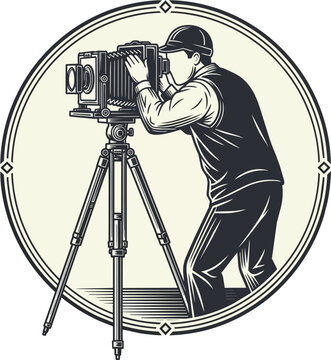 Illustrative vintage photographer with large format camera on tripod, close-up, suitable for photography, creative arts and retro marketing.