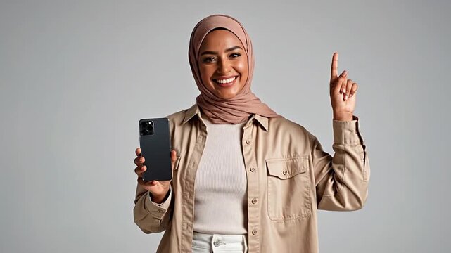 Young Muslim woman presenting a modern smartphone with a blank screen, pointing to showcase a new mobile application or digital service. Ideal for app promotion, online communication, and technology..