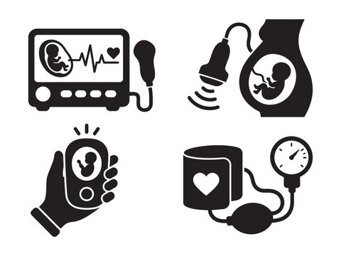 Pregnancy icons with fetal monitoring and medical equipment for healthcare and prenatal care services online