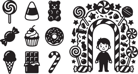 Fototapeta premium Halloween candy, sweets, and treats, black icons, vector illustrations