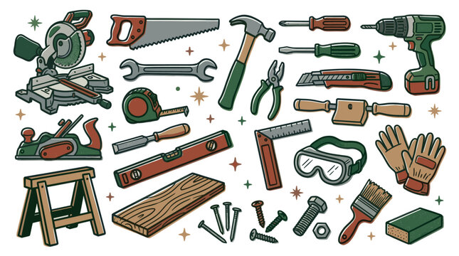 Comprehensive collection of various hand-drawn carpentry tools and equipment, neatly arranged on a clean white background