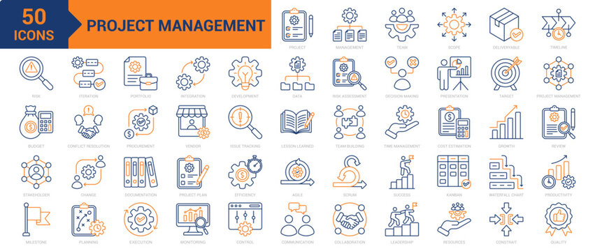 Project Management colored line icon collection set. Planning, timeline, kanban, agile, scrum, project plan, productivity, collaboration, risk assessment, team building, project management icons
