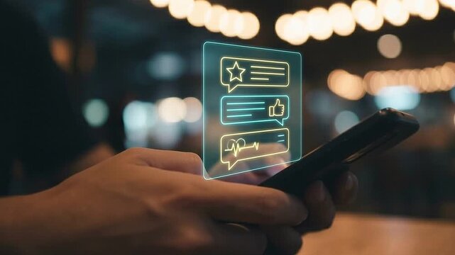 Social Media Feedback and Customer Rating Concept: Floating Holographic Chat Bubbles with Star Icons, Thumbs-up, and Heart Badges above Blurred Smartphone