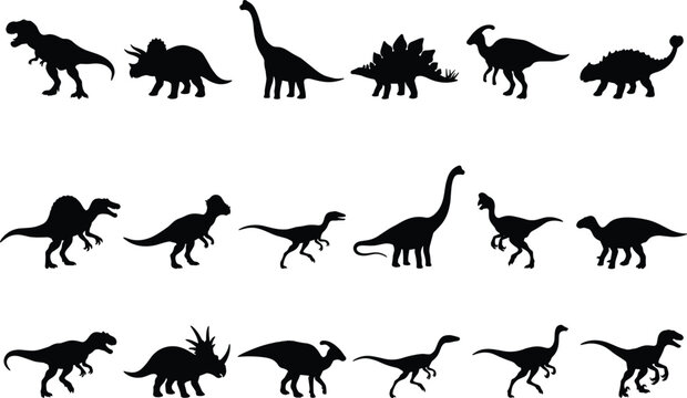 Dinosaur Silhouette Collection Vector Set Featuring Tyrannosaurus Triceratops Sauropods Raptors and Prehistoric ReptilesDinosaur Silhouette Collection 