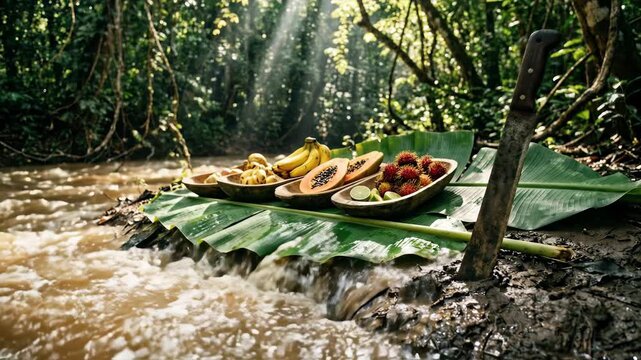 An exquisite spread of fresh tropical fruits, elegantly arranged on lush green leaves, rests along a gently flowing river.