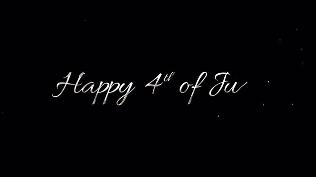Happy 4th of july in silver calligraphy over black paint splatter  perfect for patriotic holiday designs and celebrations. Festive and stylish. alpha channel transparent 4k.