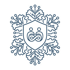 Fototapeta premium Cybersecurity shield icon with circuit board snowflake, digital data protection vector, network security logo