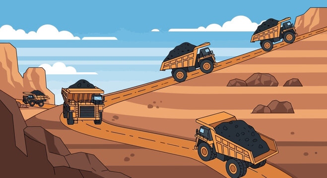 Massive Dump Trucks Operating in Open Pit Mining Site Illustration
