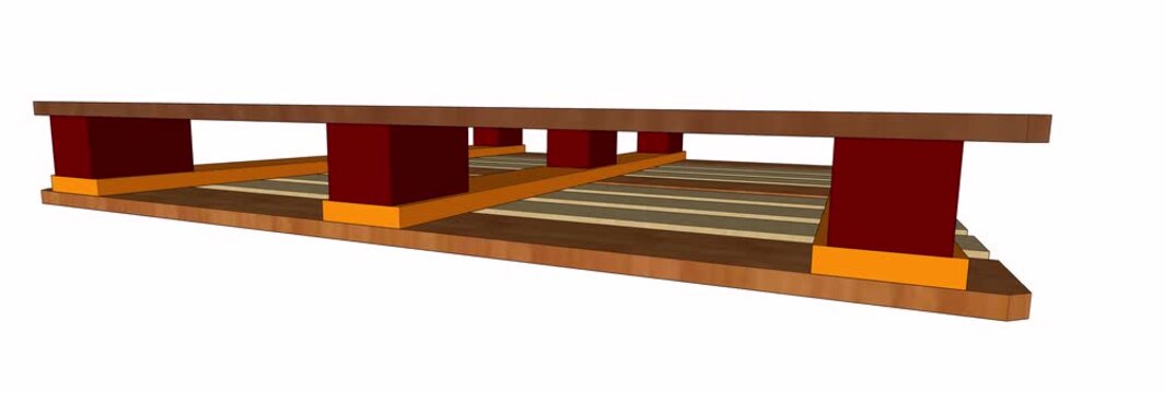 EPAL CP3 wooden Pallet 3D colored rotation with bottom view perspective. Engineering animation showing detailed 1140x1140mm chemical shipping structural layout for global logistics.