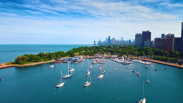 Sailboats at the blue waterscape and near the berths. Lake Michigan in Chicago, Illinois, USA. Aerial view.