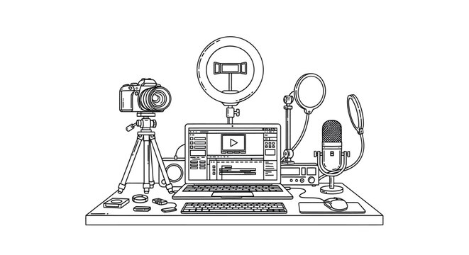 A desk with a laptop computer and recording equipment.