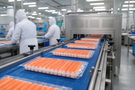 食品工場の製造ラインでベルトコンベアを流れるパック入りのカニカマ（すり身）と衛生服を着た作業員.