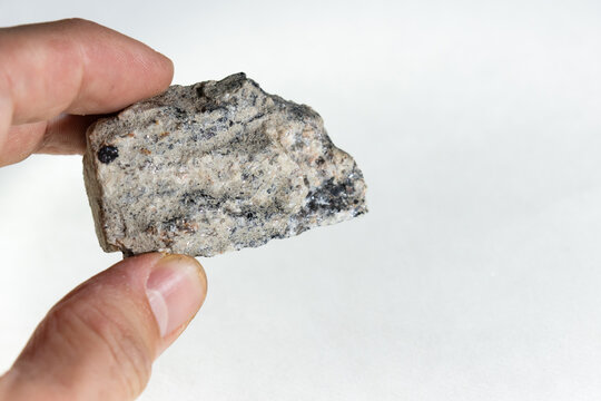 Holding a granite gneiss stone isolated on white background