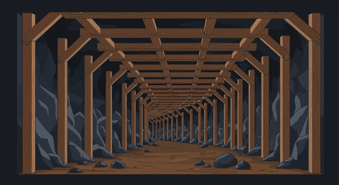 Rustic Wooden Mine Tunnel with Support Beams and Rocky Walls