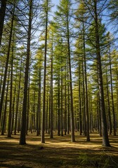 Fototapeta premium Sunlit Pine Forest - A Serene Woodland Scene.