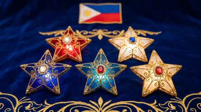 Traditional Philippine Parol Christmas Star Ornaments with Gold Filigree and Glowing Lights on Blue Velvet Background