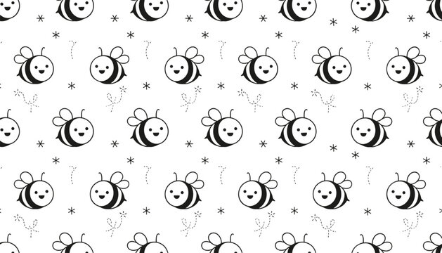 Lovely black and white seamless pattern featuring cute smiling cartoon bees and tiny stars on a white background.