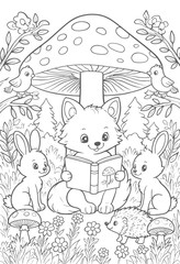 Naklejka premium Cute little fox reading a book under a big mushroom in the forest for children coloring page illustration