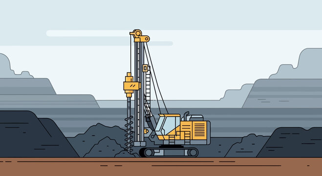Heavy Drilling Rig Operating at Open Pit Mining Site Illustration