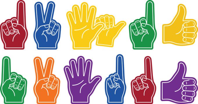 Colorful Foam Finger Hand Gesture Collection Set with Thumbs Up Peace Sign Pointing and Open Hand Sports Fan Elements