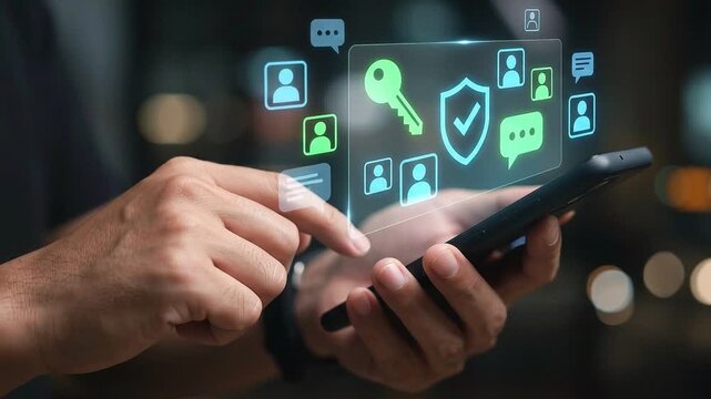 Mobile Cybersecurity and Data Privacy Concept: Floating Holographic Security Dashboard with Shield, Key, and Notification Icons above Blurred Hands on Smartphone