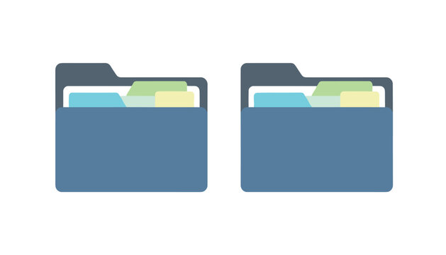 Office organization folders in blue color with colorful document index tabs arranged side by side on a white background.