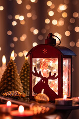 Cozy Christmas Lantern with Reindeer Silhouette and Candles on Festive Golden Bokeh Background © Валентина Руденька