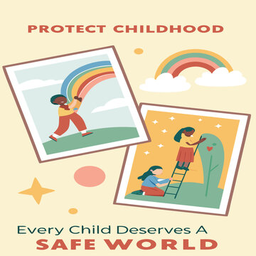 Graphic poster promoting child protection and every child deserves a safe world with childhood protection children photography happiness