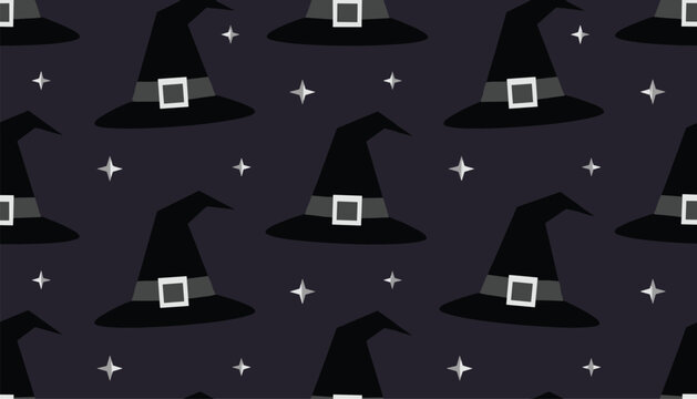 Spooky seamless pattern of black witch hats with silver buckles and stars on a dark background for Halloween.