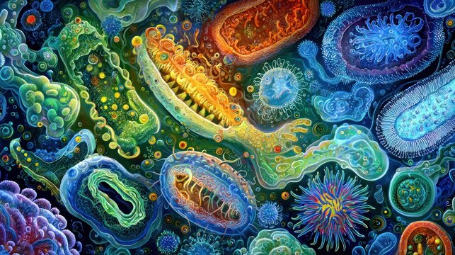 Multicolored microscopic organisms populate a vibrant, deep-sea-like environment
