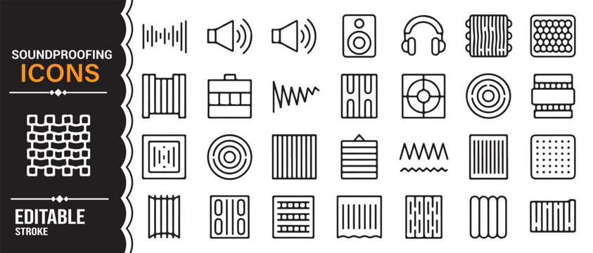 Black and white soundproofing symbol collection with audio insulation and acoustic icons vector illustration