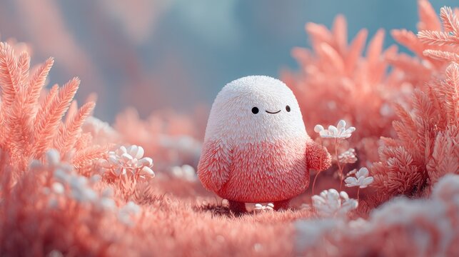 Adorable, fuzzy, bipedal creature stands in a field of pink foliage and small white blossoms